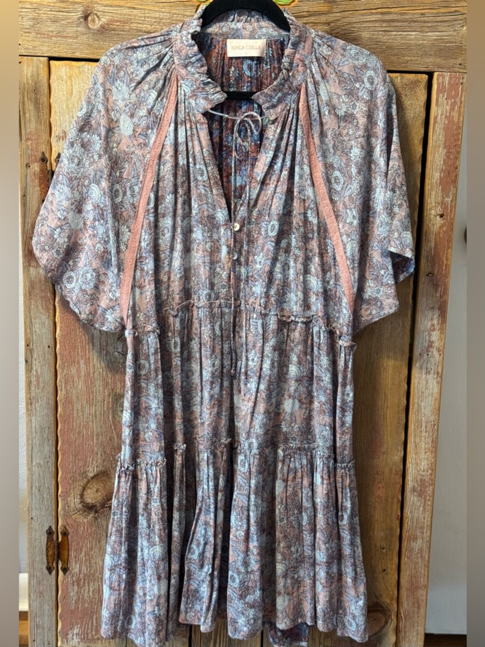 Anthropology Kinga Csilla Floral Tiered Boho Dress Dusty Rose & Light Blue large